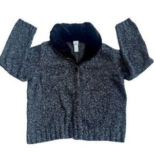 J.Jill Womens Black and White Knitted Cardigan Sweater Black Velvet Collar Sz L
